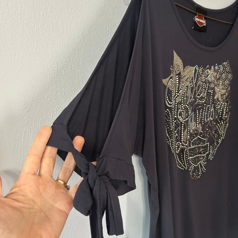 Harley-Davidson Rhinestone Embellished Split Tied Sleeve Women's Sz XL - Picture 4 of 13